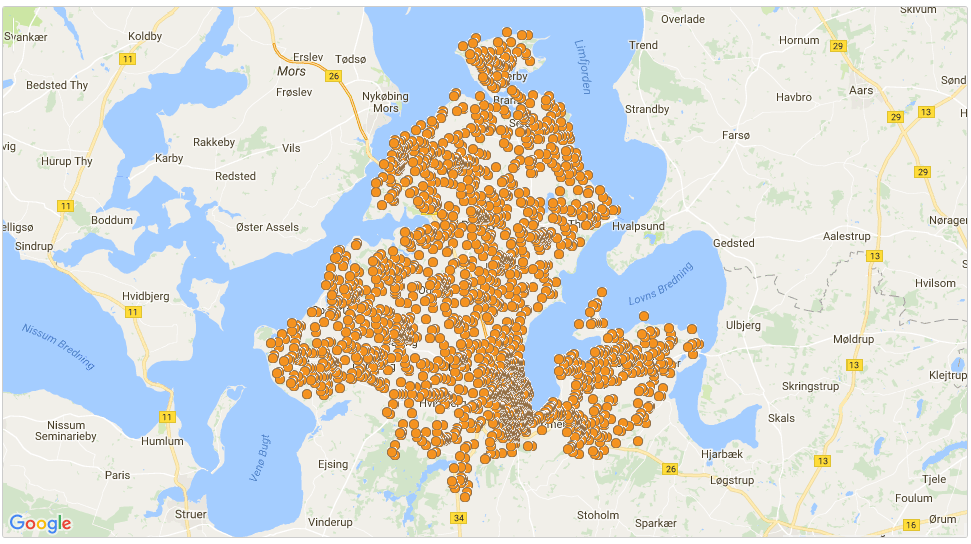 Kort med alle  virksomheder i Skive Kommune